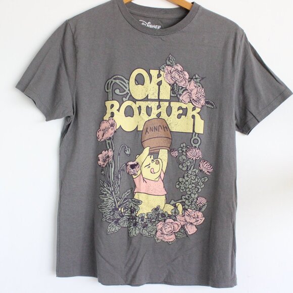 Disney Women's Pooh Screen Graphic T Shirt Embroidered Roses Grey Cotton Sz M - Picture 1 of 5